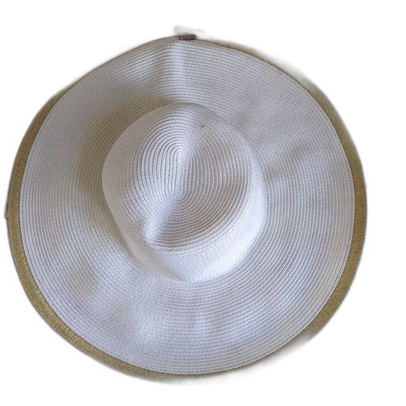 Packable Travel Floppy Straw Hat Wide Brim White with Tan Edge Vacation Cruise - Picture 8 of 11